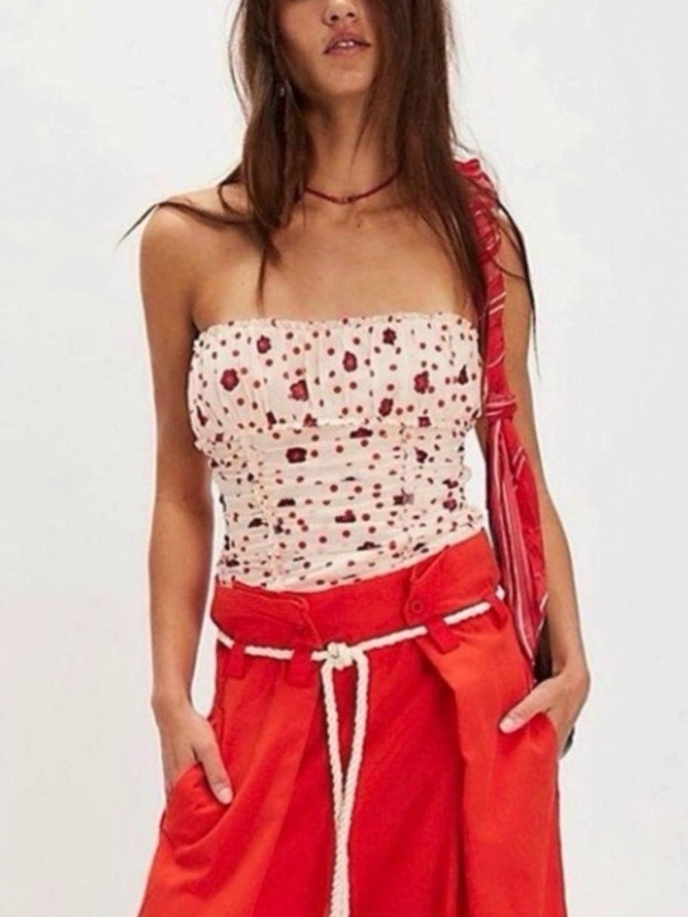 Free People Scottie Printed Tube Top Ivory Tea Combo Red And White Size M NWOT